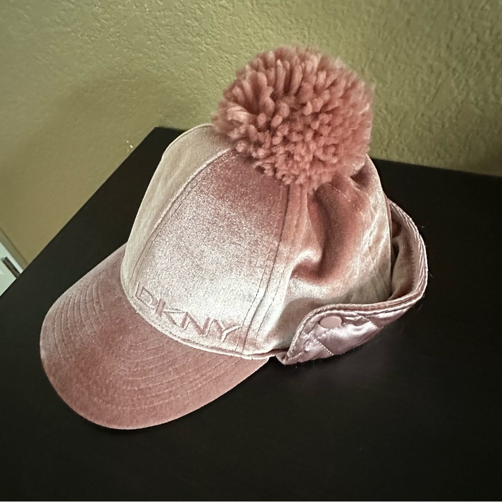 DKNY Girls' Winter Hat Rose Velour Pom Pom Cap Size 7-16